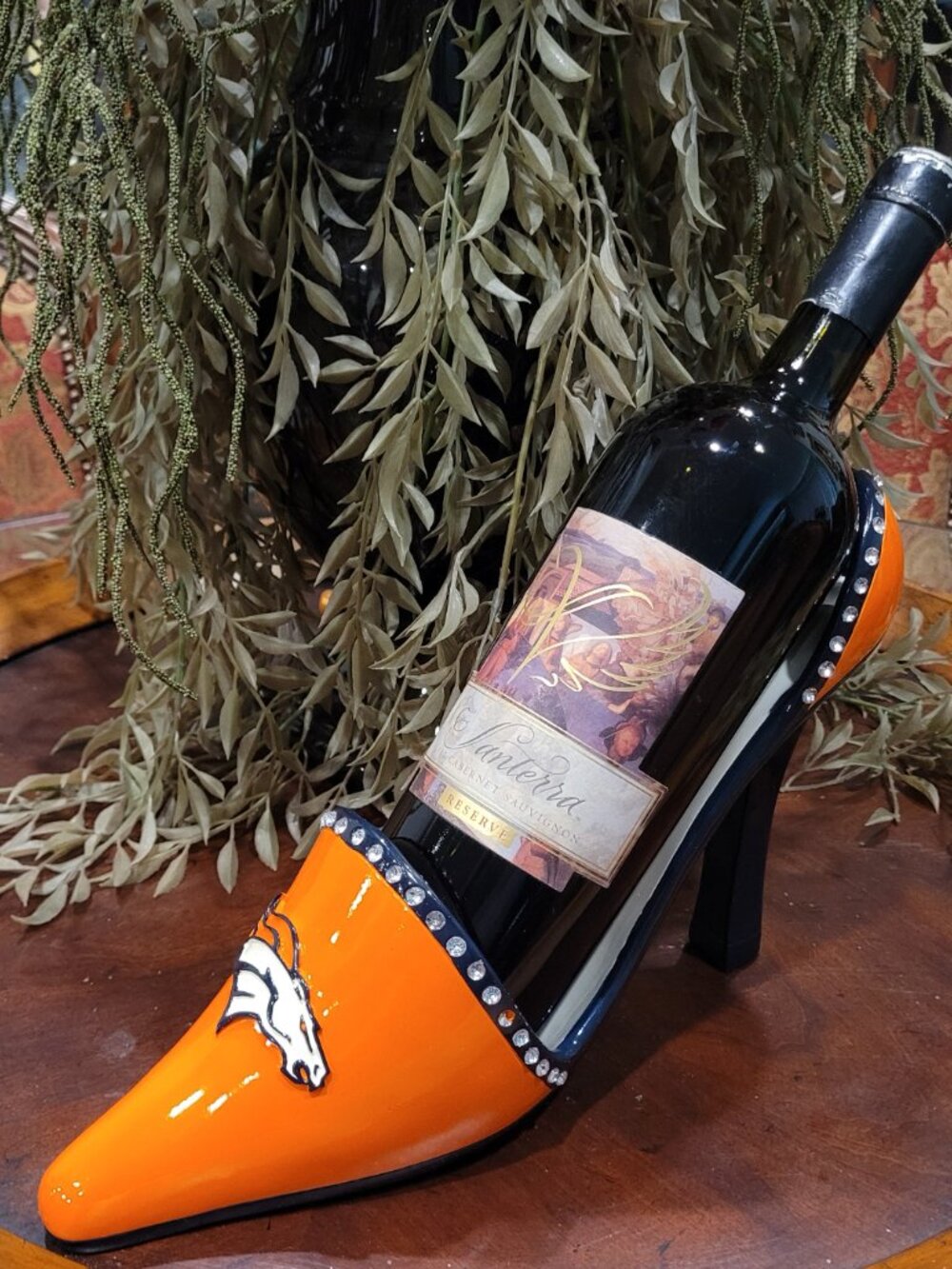 New NFL DENVER BRONCOS Wine Bottle Holder Crystal Studded High Heel Shoe